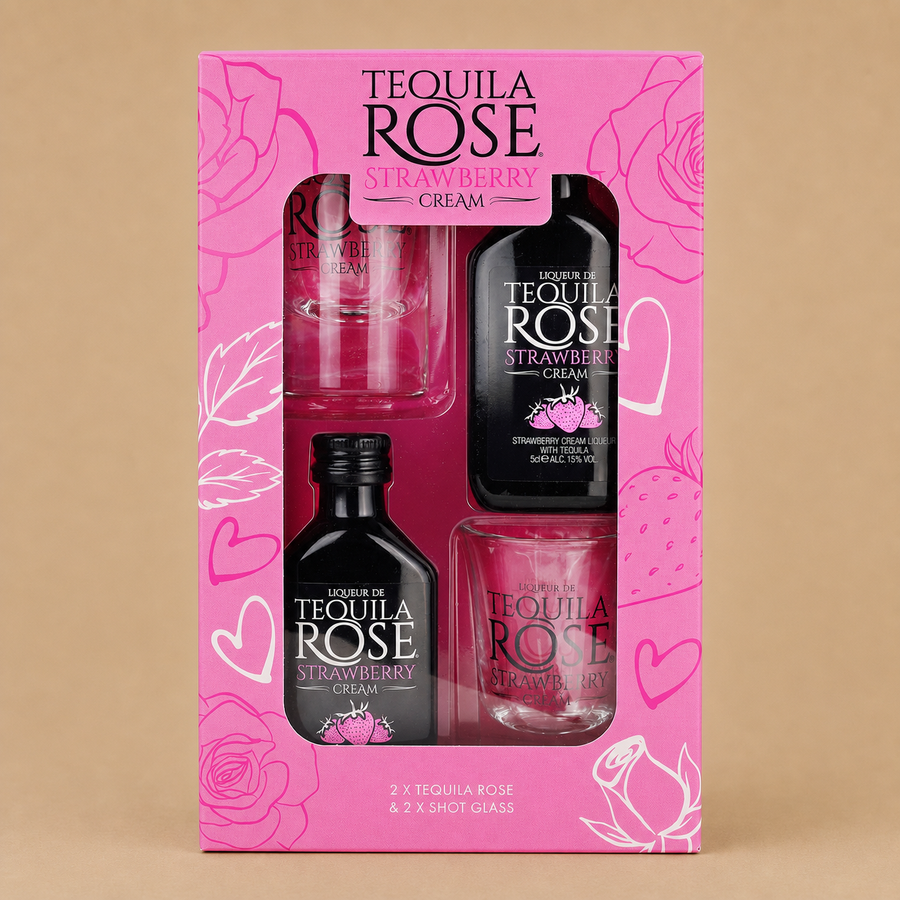 Strawberry Cream Liqeur Tequila Rose Gift Set 2 x 50ml + 2 Shots Glasses