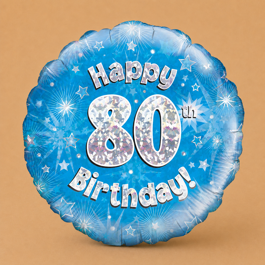 Oaktree Happy 80th Birthday Holographic Balloon 18 Inch - Blue