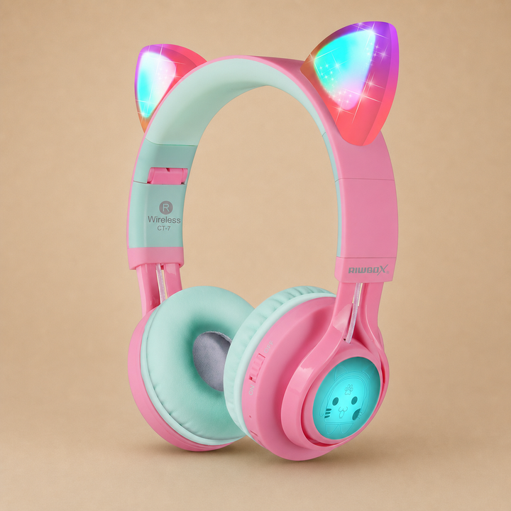 Riwbox Bluetooth Headphones CT-7 Cat Ear LED Light Up Wireless Foldable Headphones