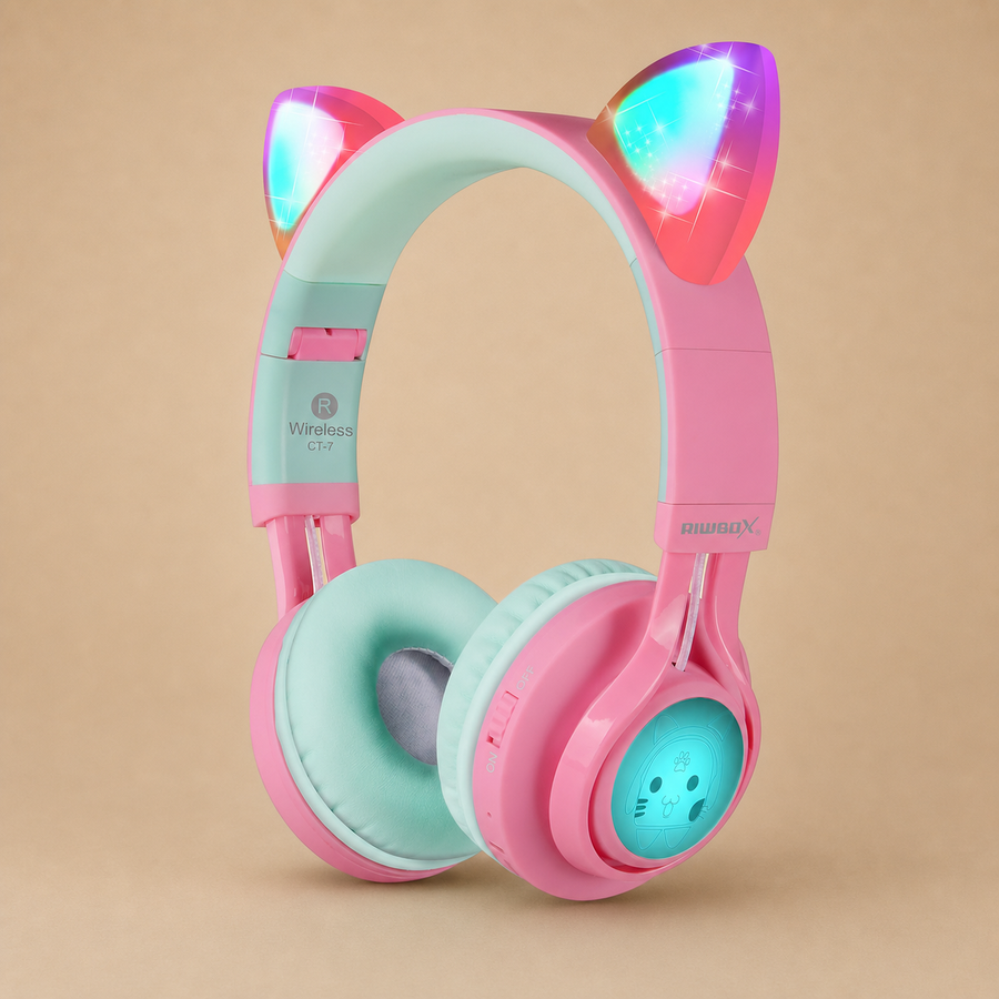 Riwbox Bluetooth Headphones CT-7 Cat Ear LED Light Up Wireless Foldable Headphones