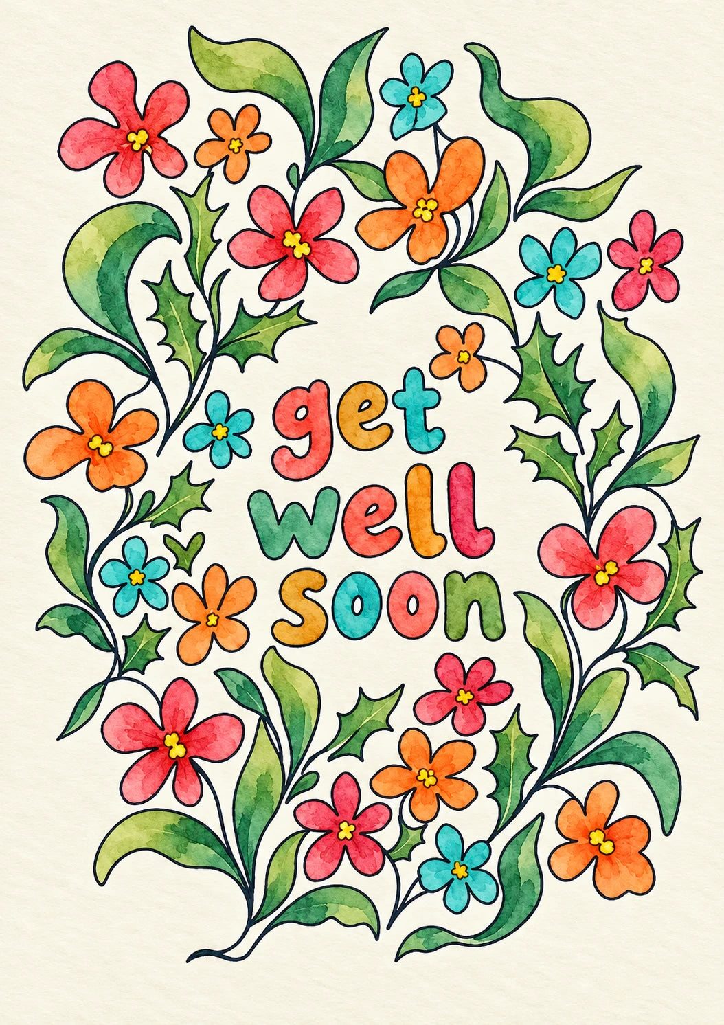 Colourful Watercolour Floral Get Well Soon Card