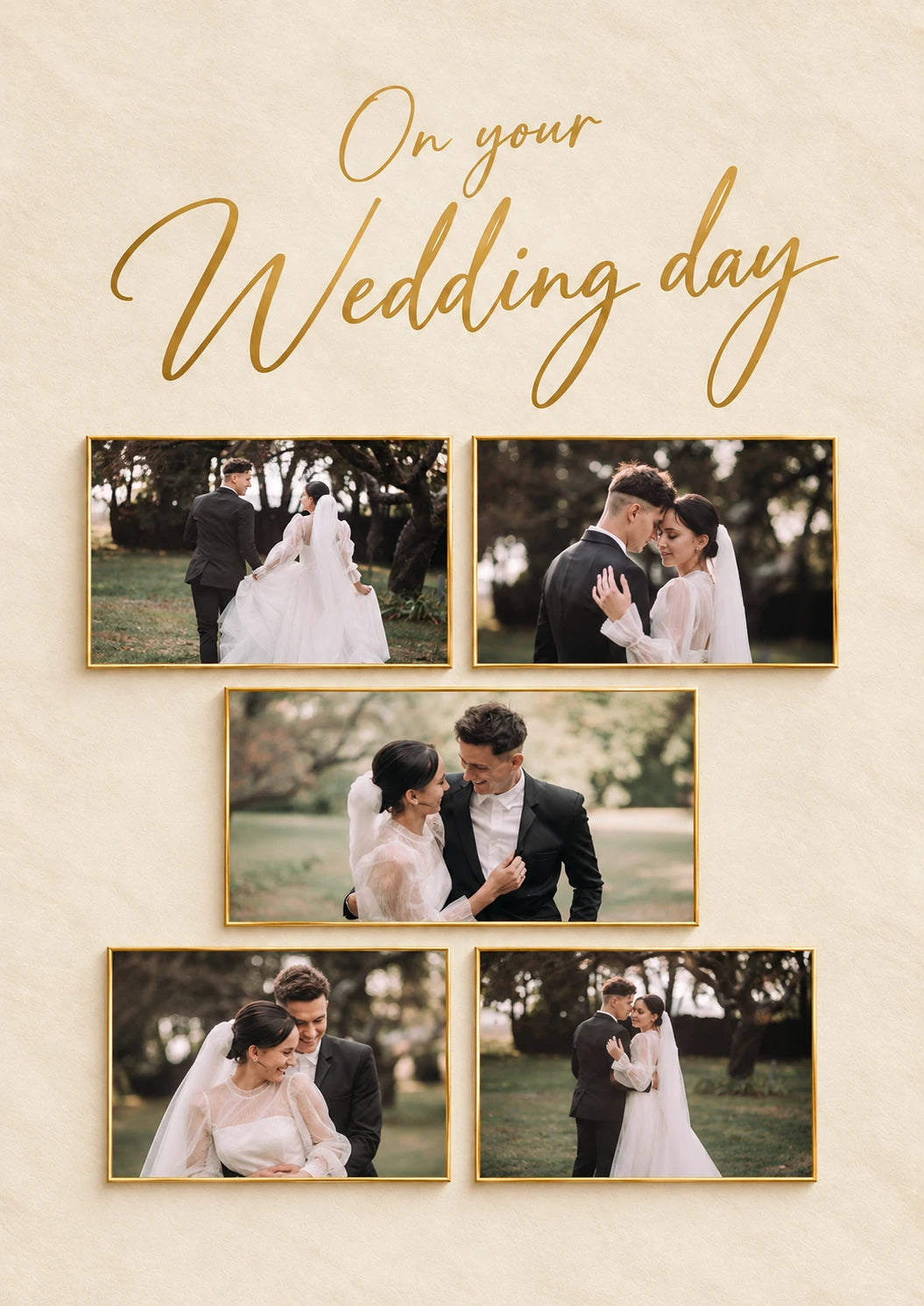 Five Photo Gold Frame Wedding Day Photo Upload Wedding Card for Dad and Partner