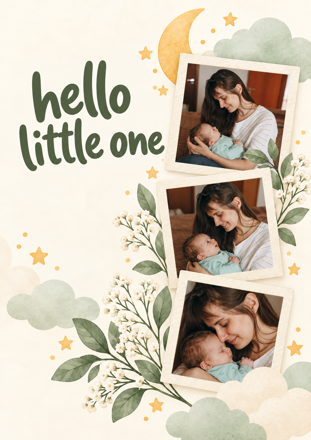 Sage Floral Hello Little One Multiple Photo Upload New Baby Card for Daughter and Partner