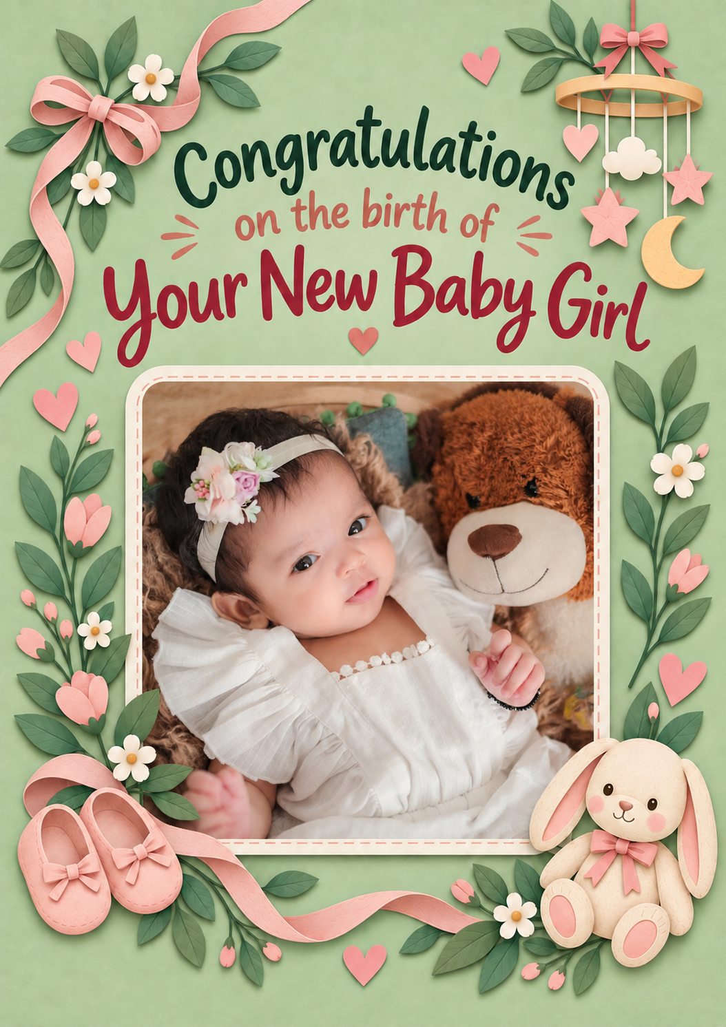 Sage Green Floral Bunny Photo Upload New Baby Card for Niece