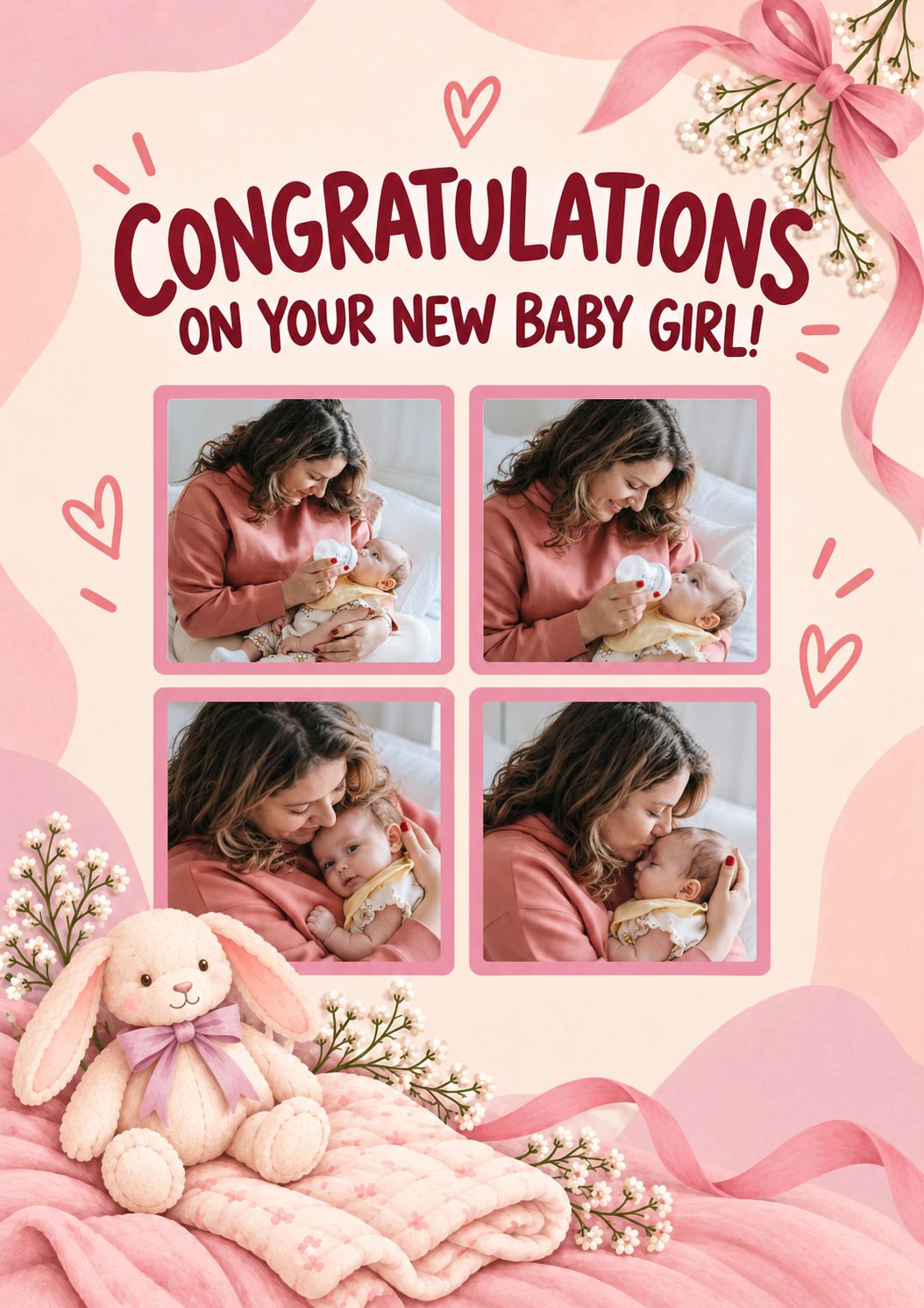 Pink Bunny 4 Photo Upload New Baby Card for Daughter and Partner