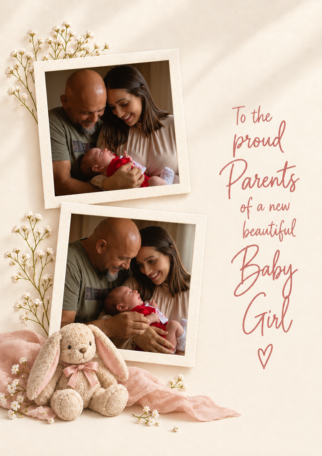 Proud Parents Floral Two Photo Upload New Baby Card