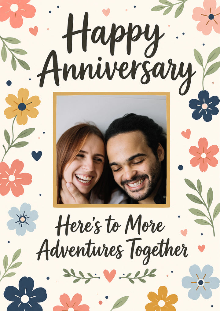 Colourful Floral Adventures Together Photo Upload Anniversary Card