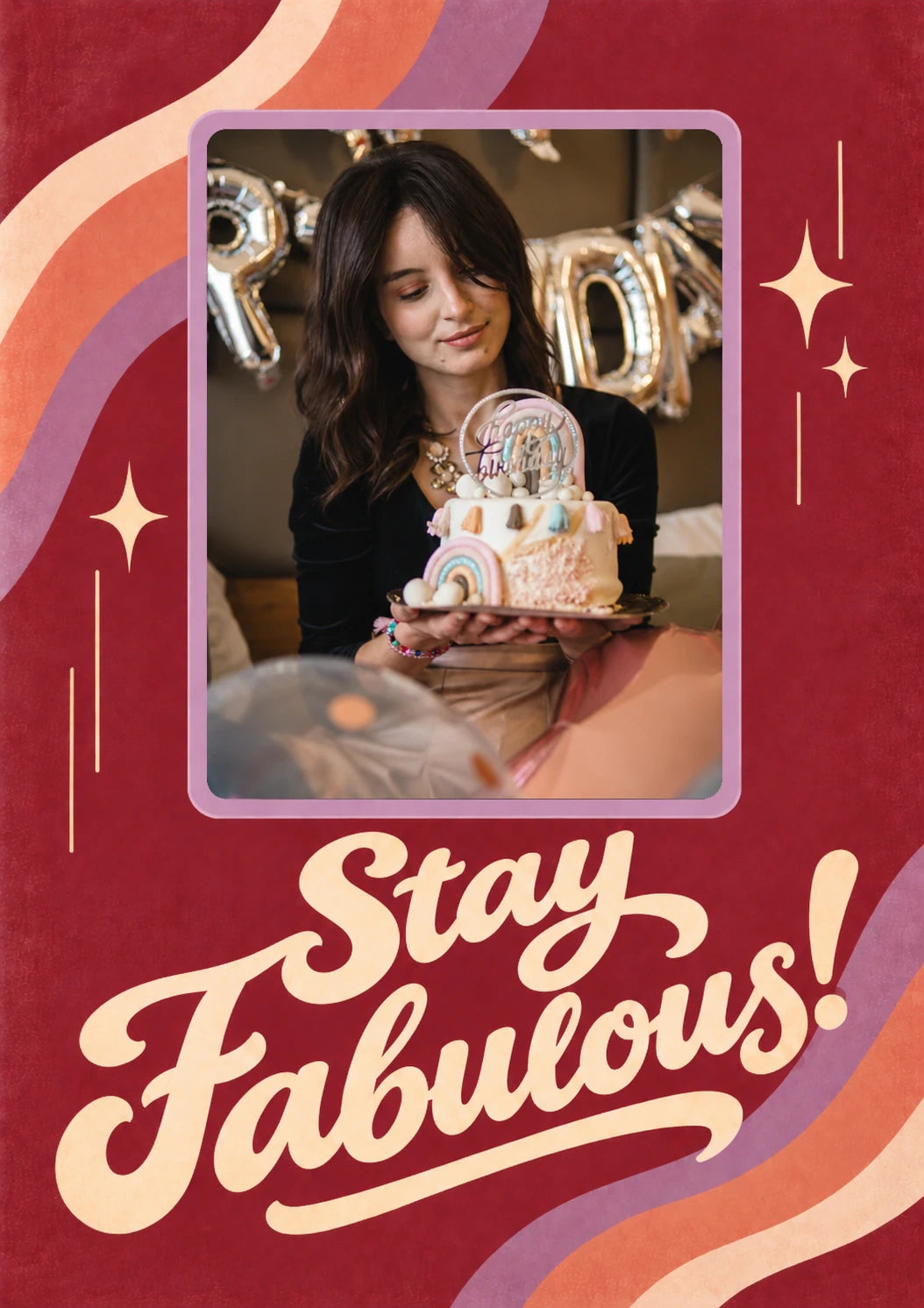 Stay Fabulous Retro Swirl Photo Upload Friendship Card for Friend