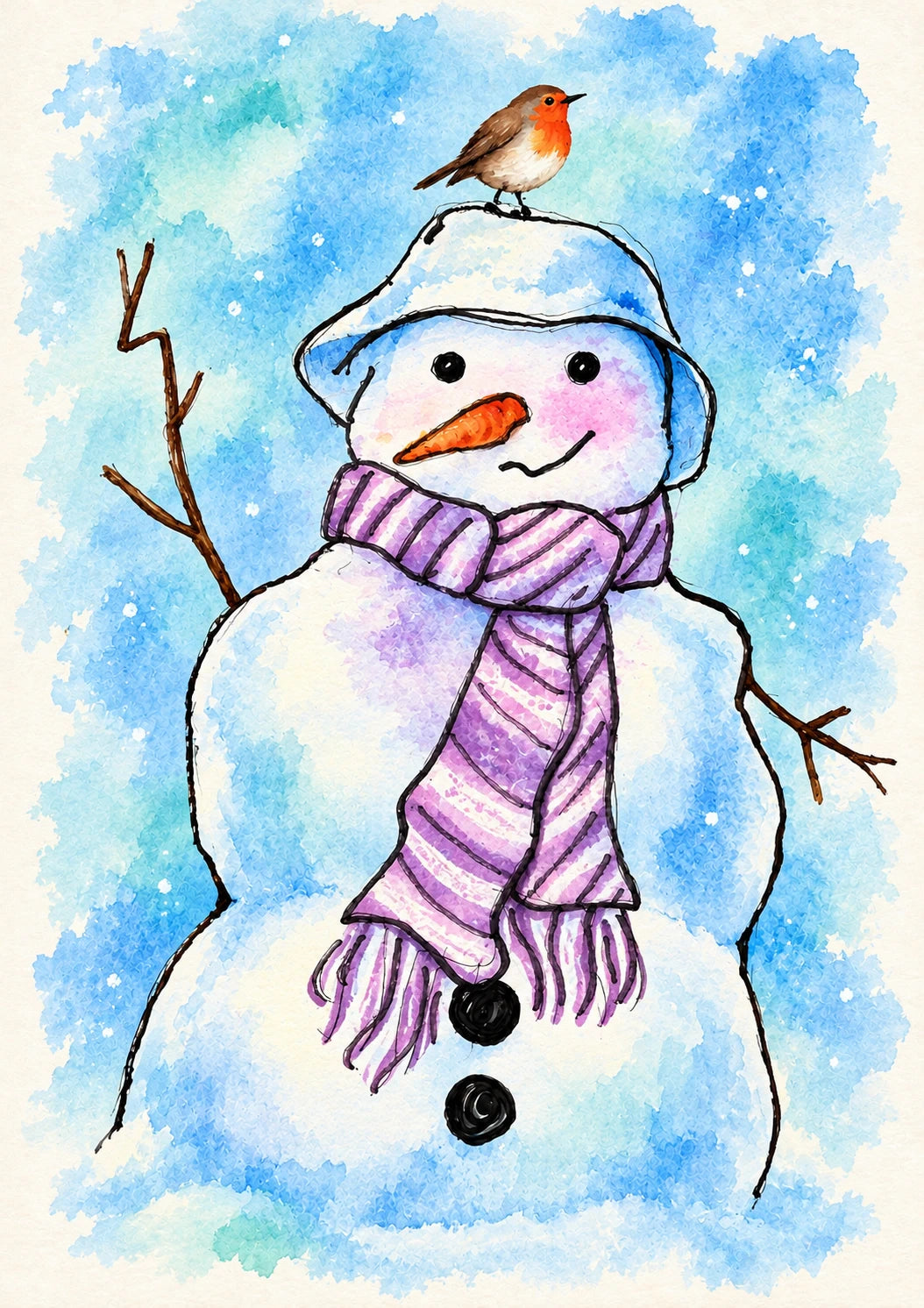 Watercolour Snowman and Robin Christmas Card