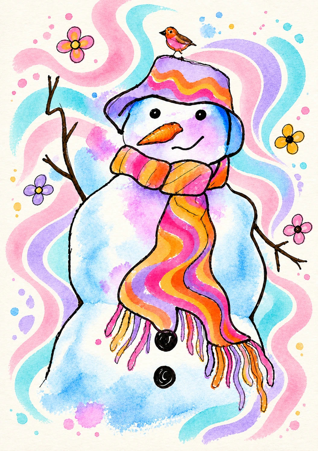 Colourful Snowman with Robin Christmas Card for Her