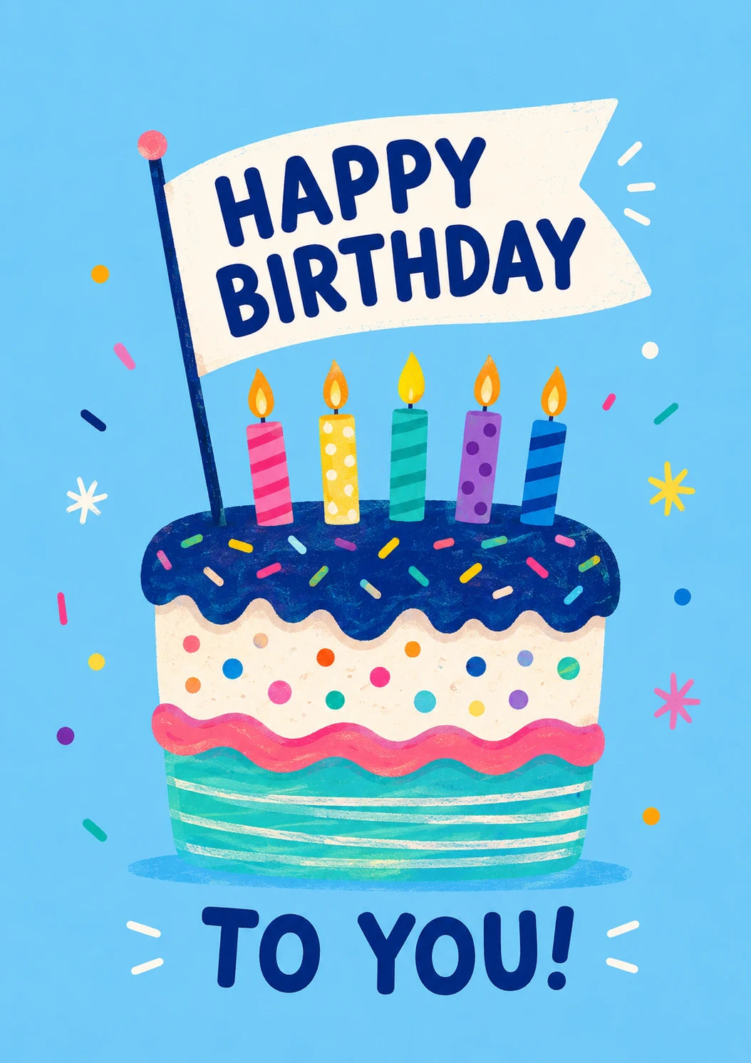 Colourful Cake and Candles Happy Birthday Card