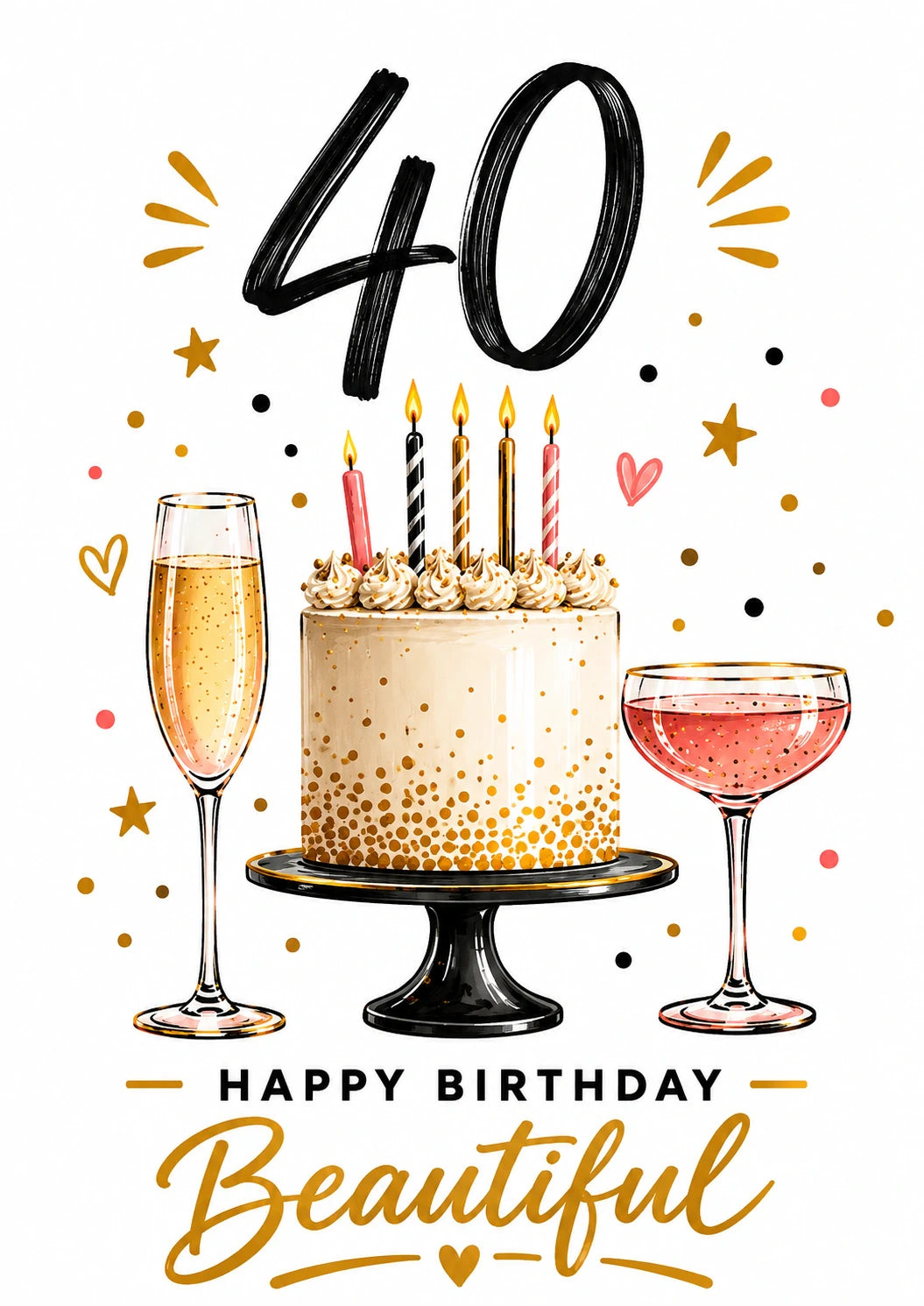 Gold Confetti Cake and Champagne 40th Birthday Card for Her