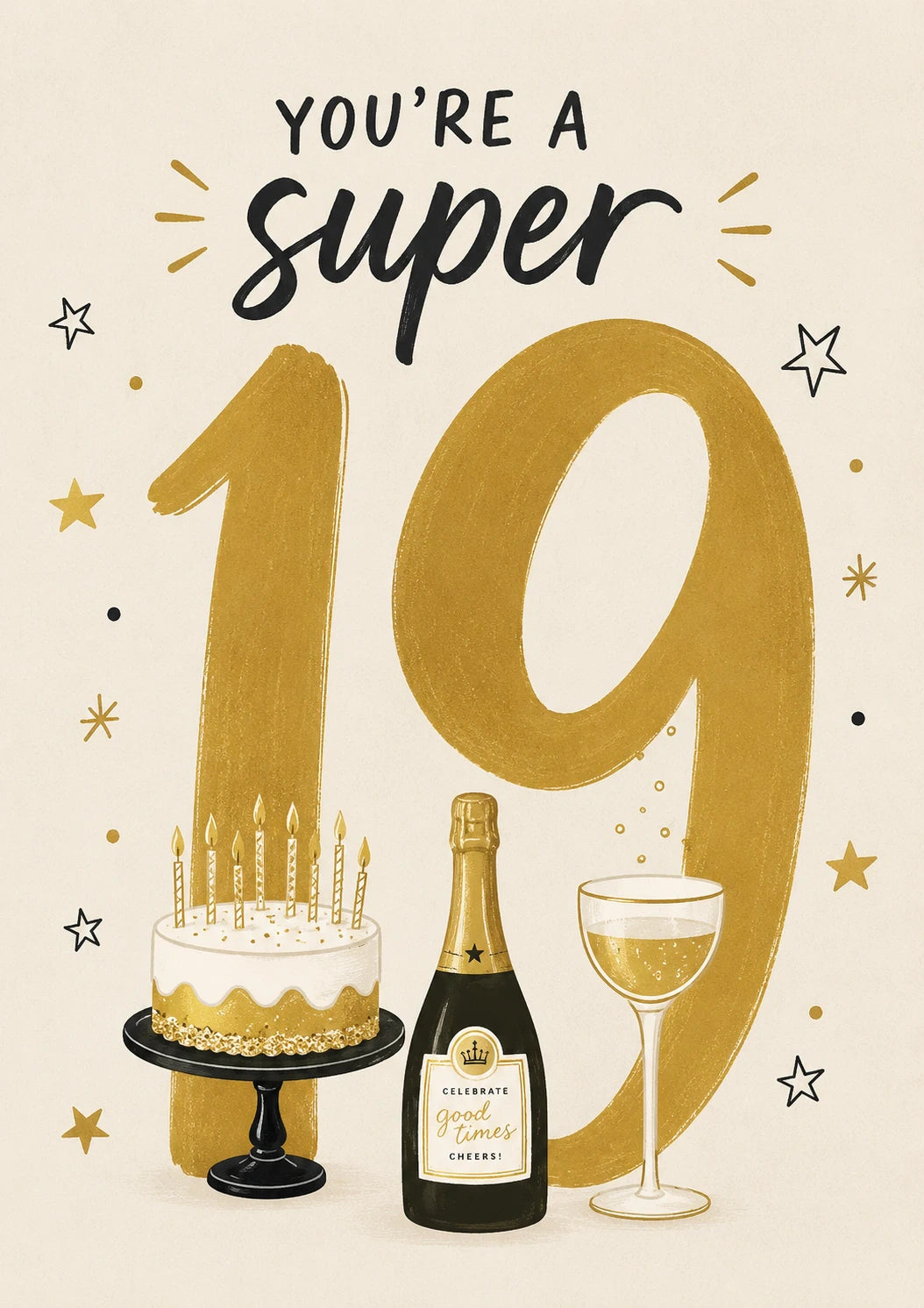 Gold Cake and Champagne 19th Birthday Card