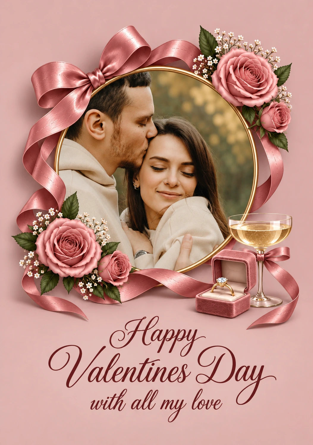 Rose Gold Ribbon Floral Photo Upload Valentine's Day Card for Wife