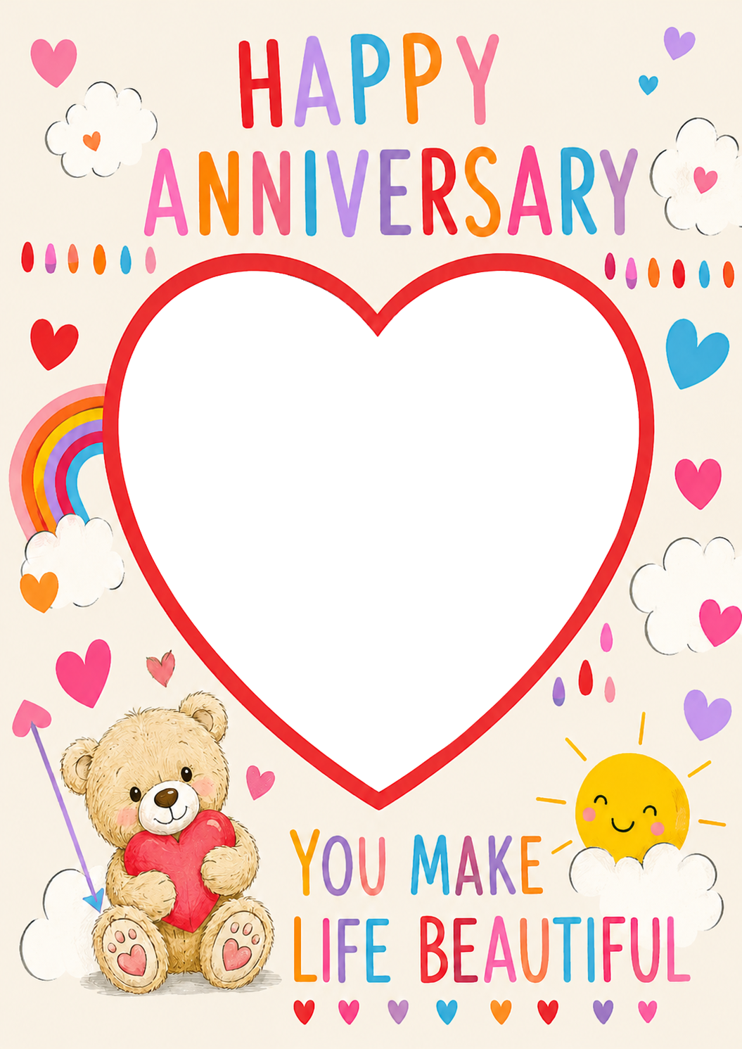 Cute Teddy Bear Rainbow Photo Upload Anniversary Card for Her