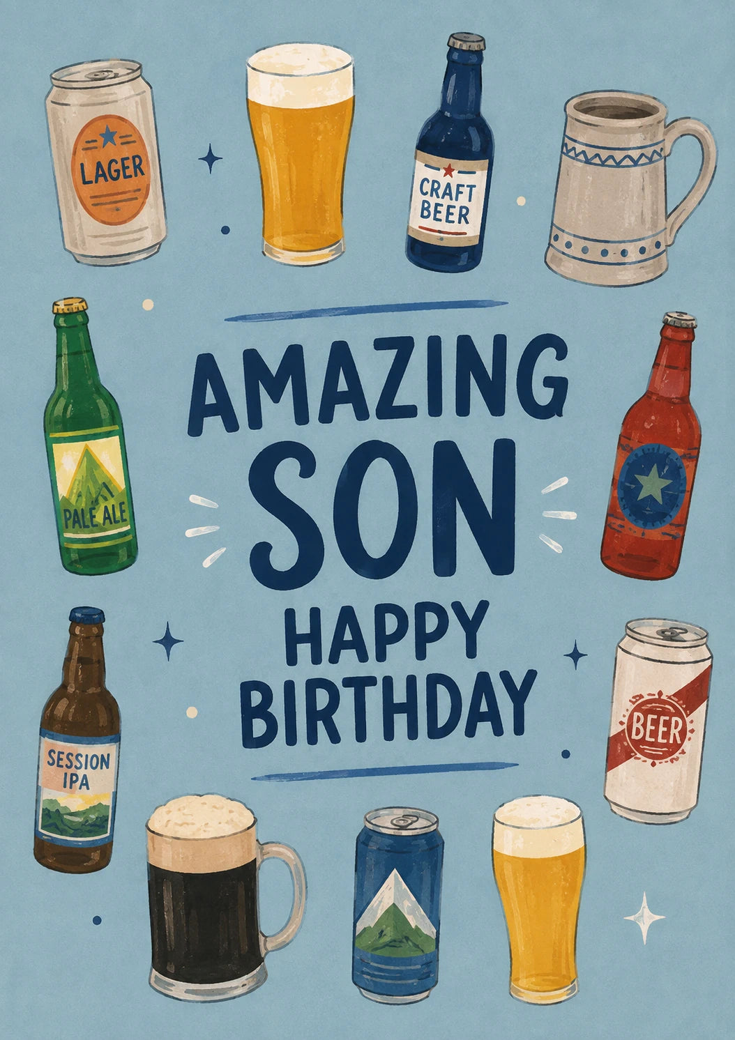Beer Types Illustrated Amazing Son 80th Birthday Card for Him