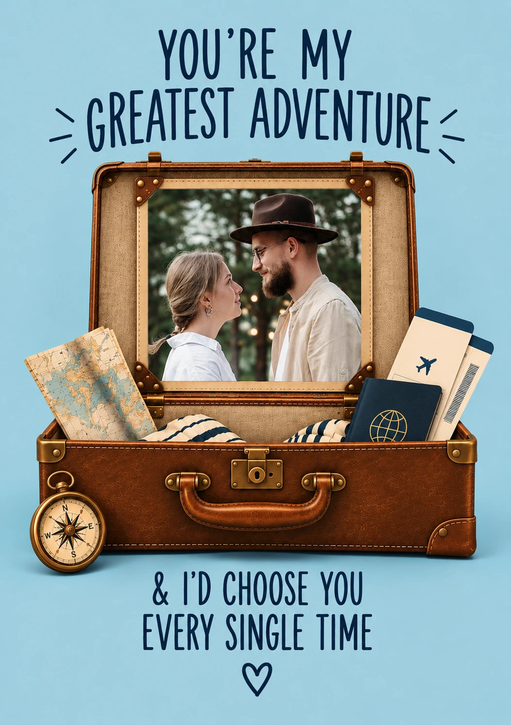Greatest Adventure Suitcase Travel Photo Upload Valentine's Day Card for Fiancee