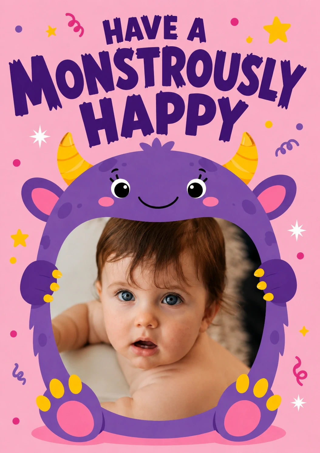 Cute Purple Monster Photo Upload Birthday Card