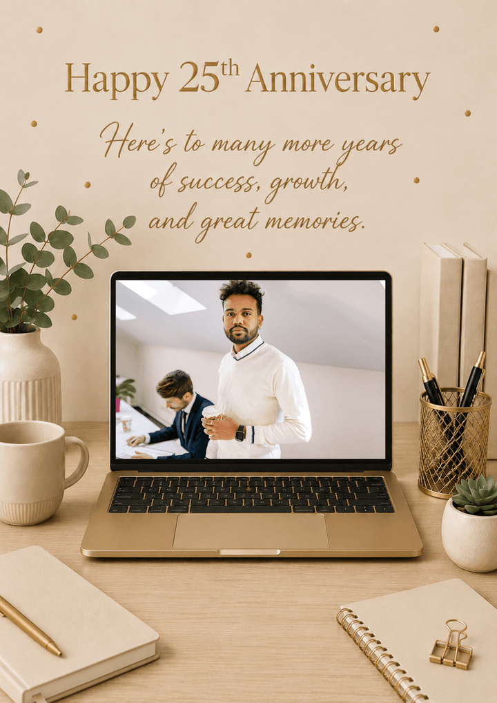 Gold Desk Scene 25th Photo Upload Anniversary Card