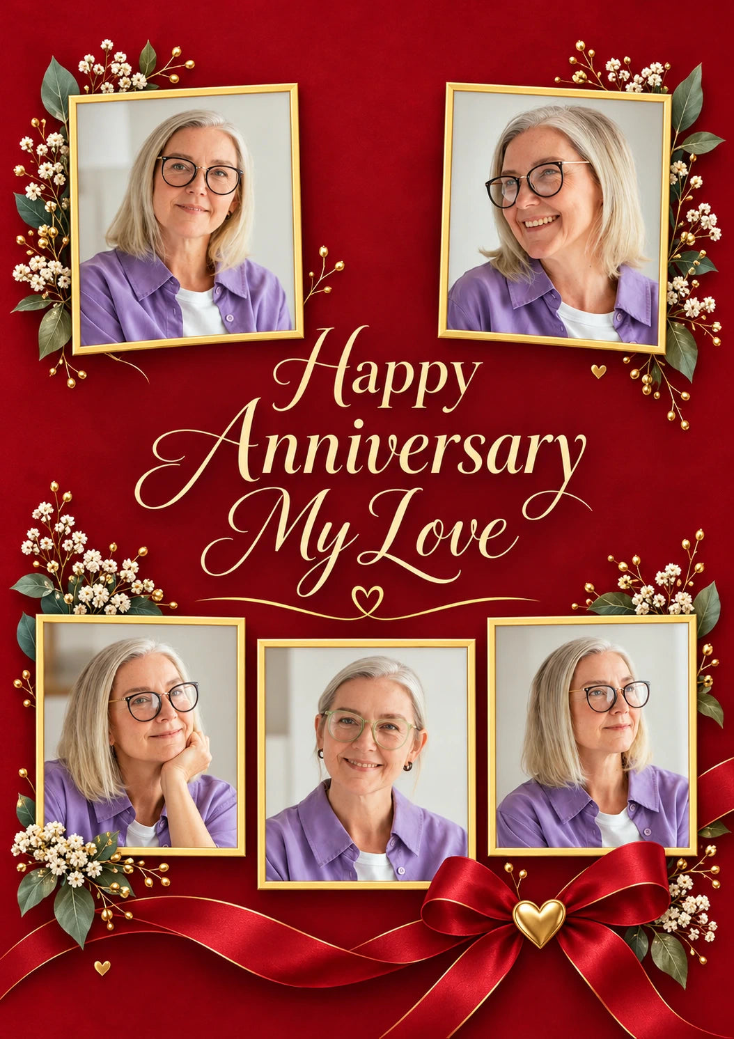 Red Floral Gold Frame Multiple Photo Upload Anniversary Card for Wife