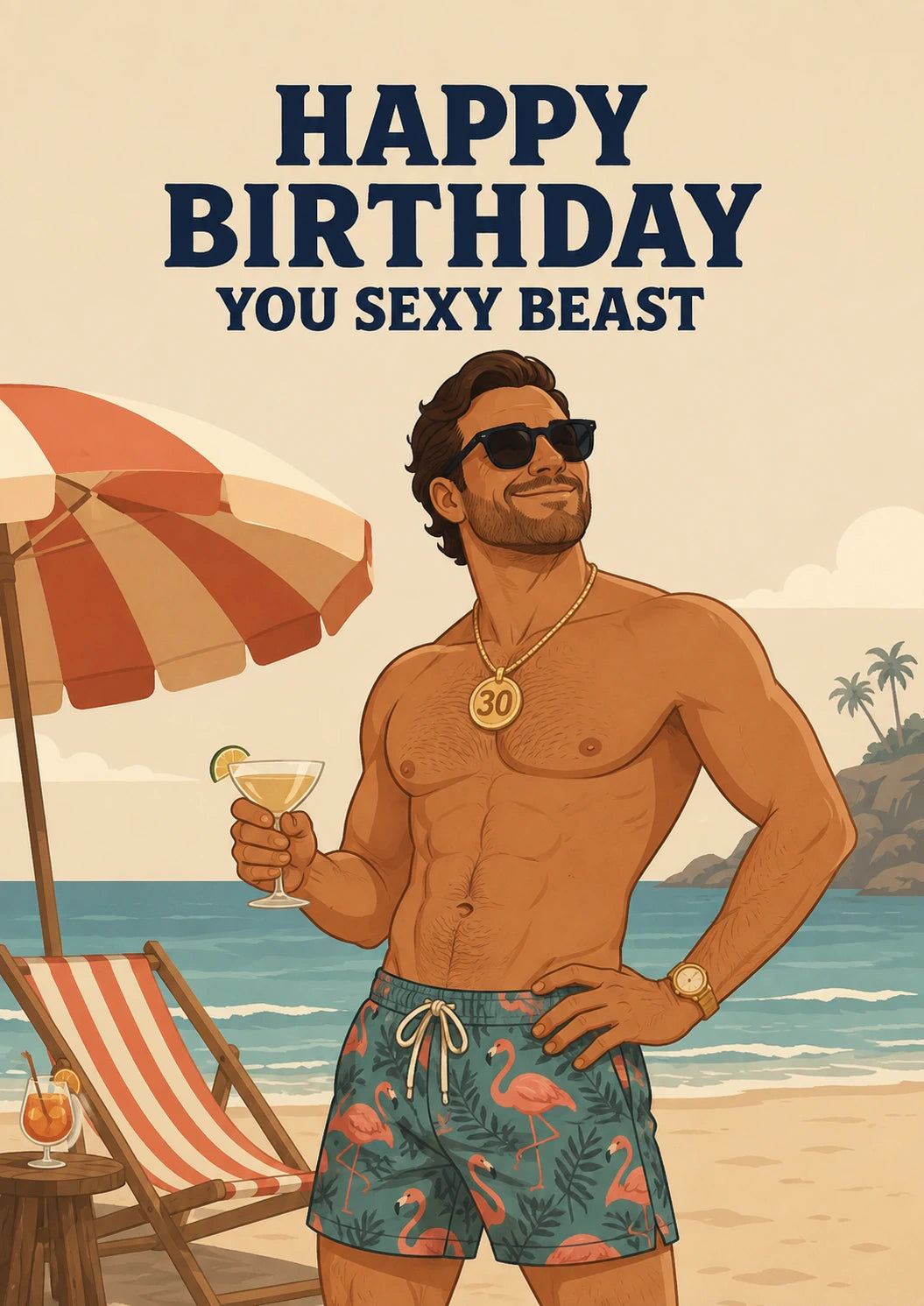 Funny Sexy Beast Beach Hunk 30th Birthday Card for Him
