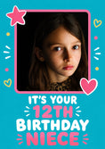 Load image into Gallery viewer, Bright Teal Stars and Hearts Photo Upload 12th Birthday Card for Her
