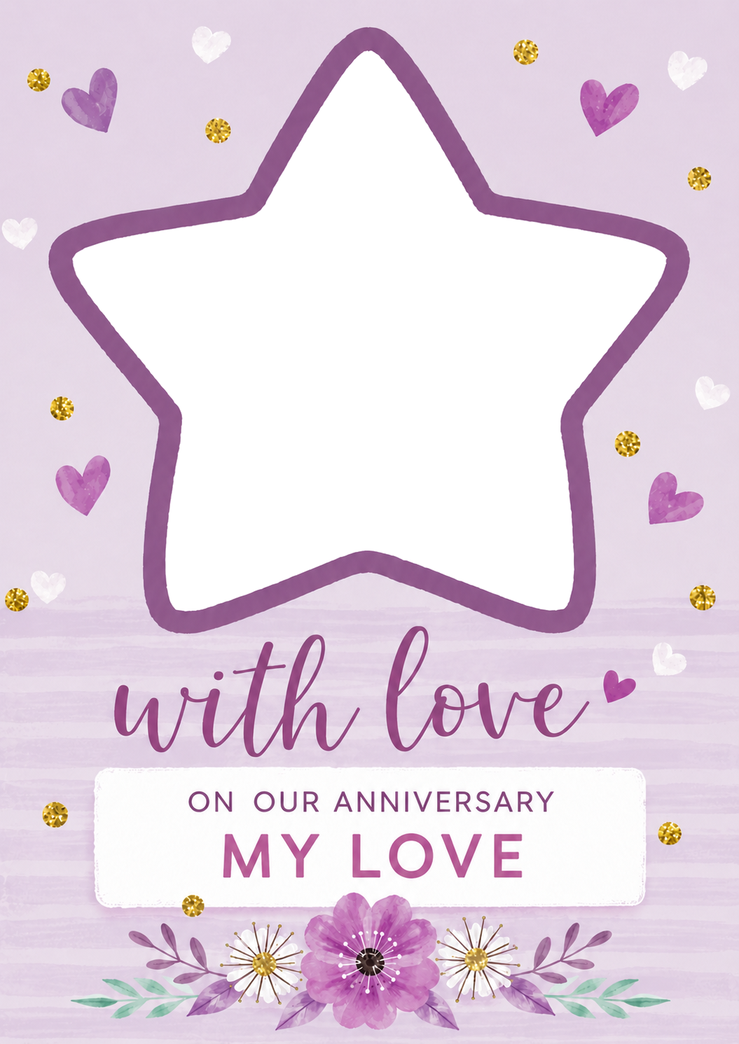 Purple Hearts and Stars Photo Upload Anniversary Card for Her