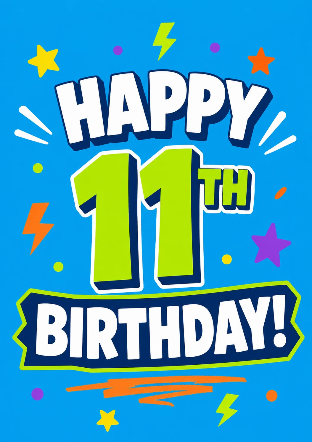 Bold Colourful Stars and Lightning 11th Birthday Card
