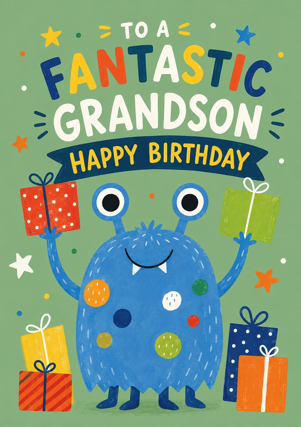 Cute Blue Monster with Gifts Grandson Birthday Card