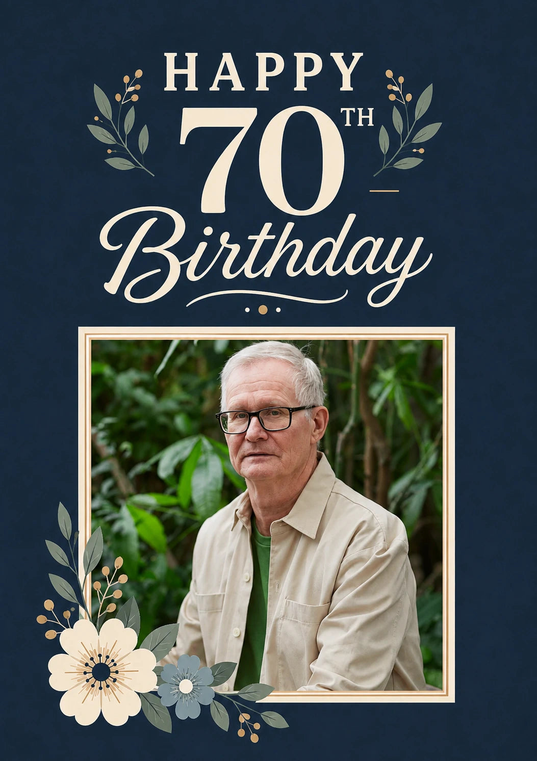 Navy Floral 70th Birthday Photo Upload Birthday Card for Him