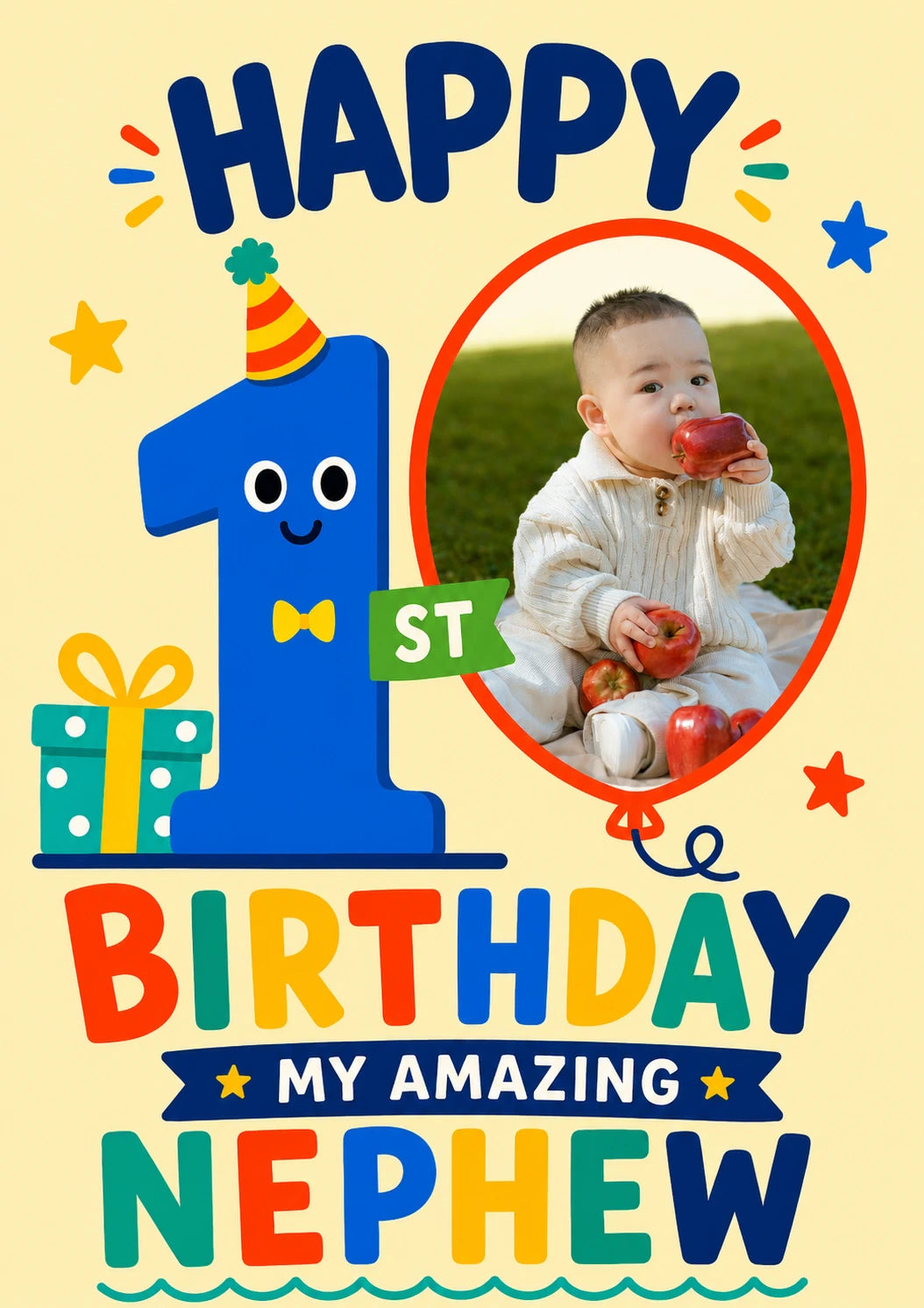 Colourful 1st Birthday Nephew Photo Upload Birthday Card for Him
