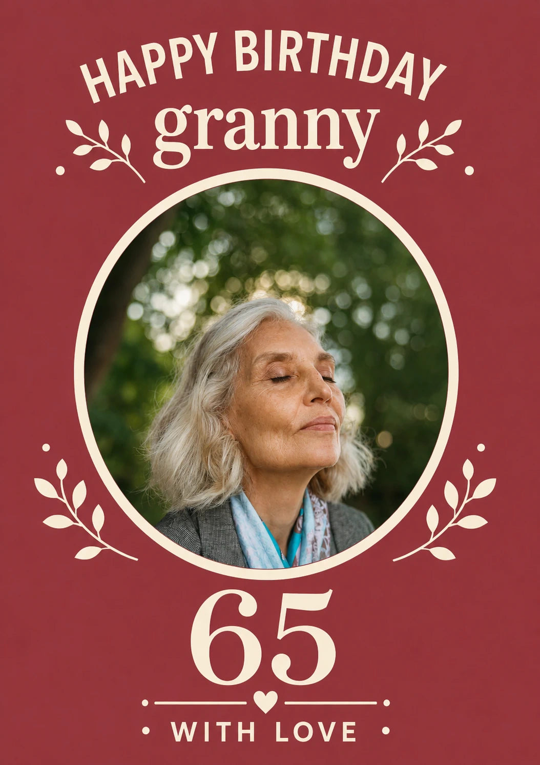 Red Botanical Granny 65th Photo Upload Birthday Card for Her