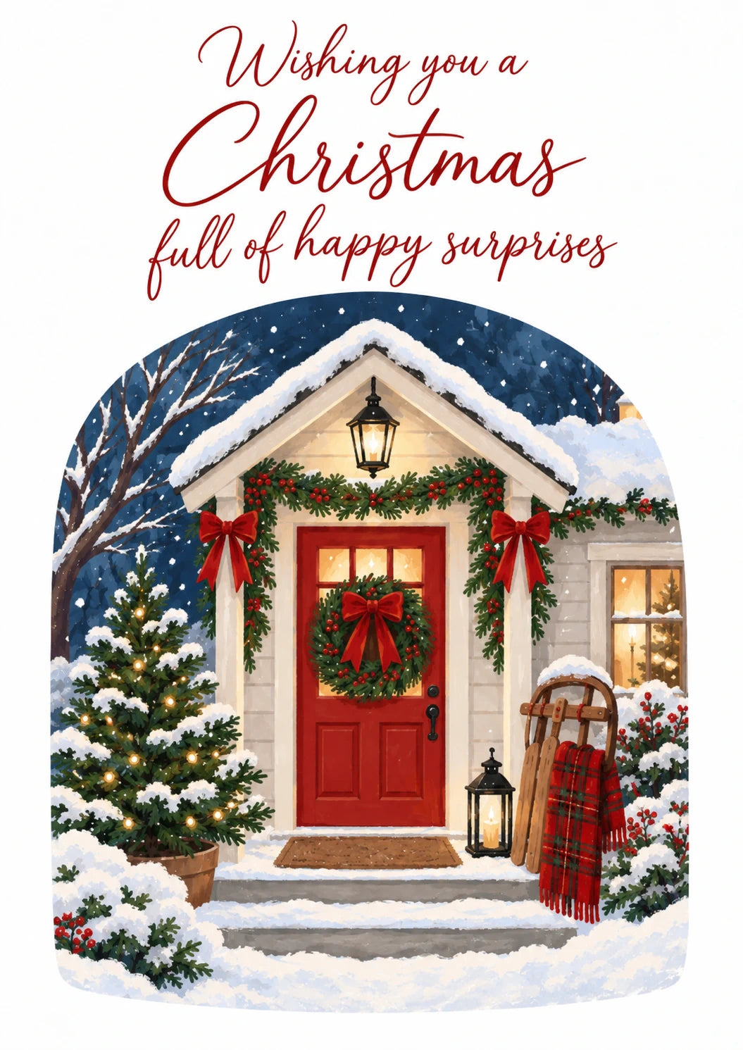Snowy Front Door Happy Surprises Christmas Card