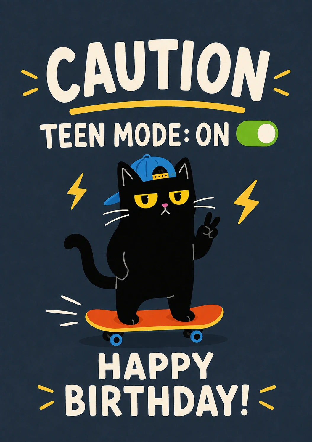 Funny Caution Teen Mode On Skateboarding Cat 13th Birthday Card