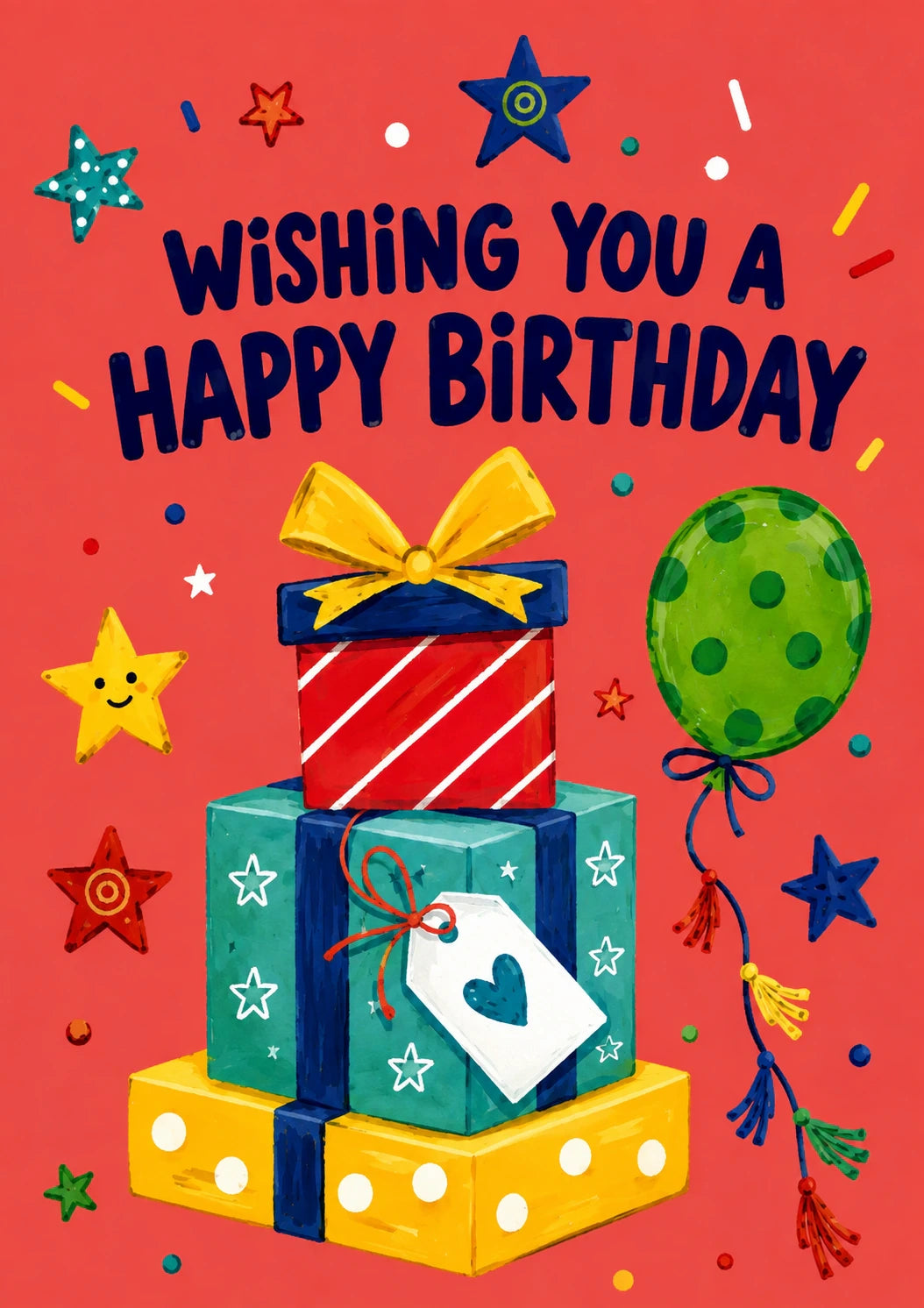 Colourful Stacked Gifts and Balloon Birthday Card