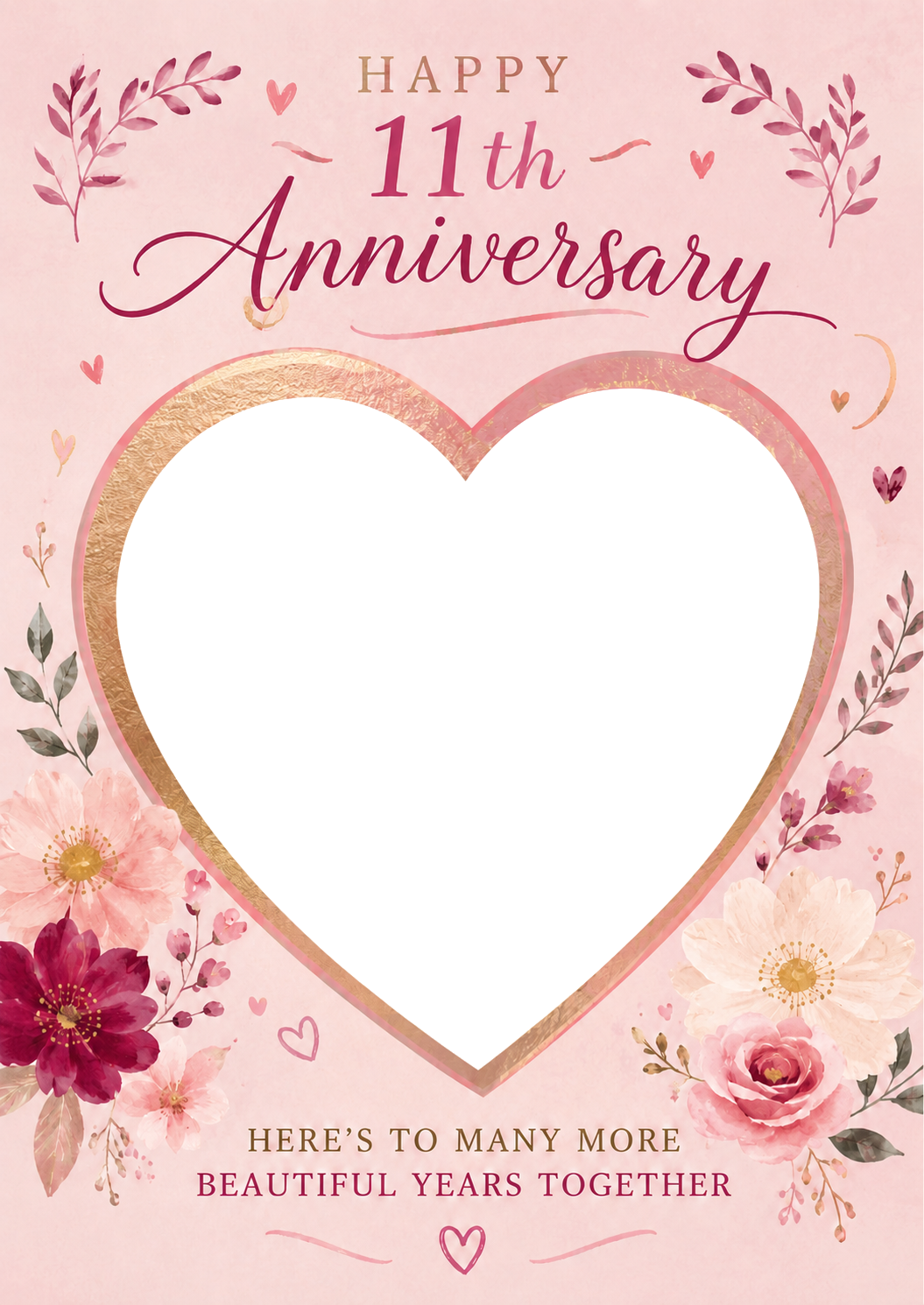Pink Floral Heart Photo Upload 11th Anniversary Card for Her