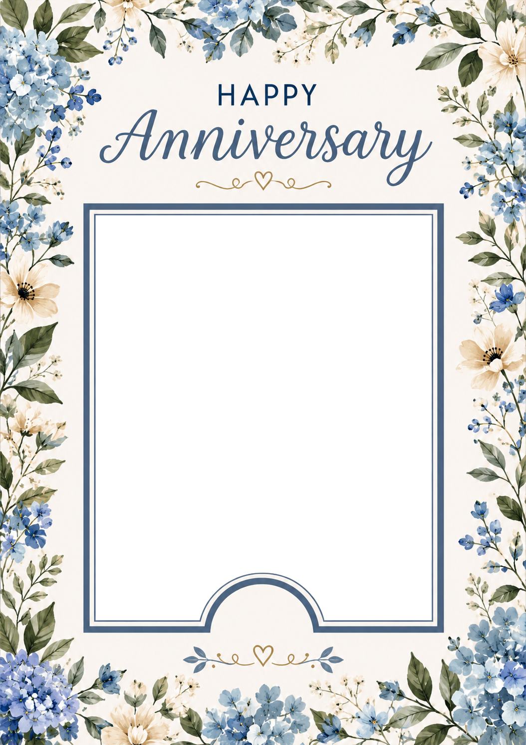 Blue Floral Border Photo Upload Anniversary Card