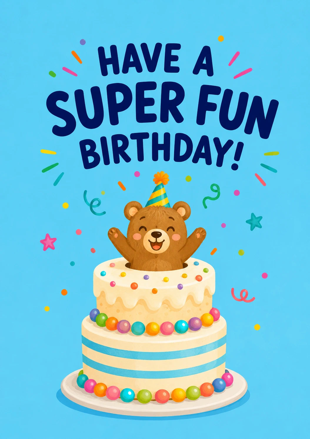 Cute Bear Jumping Out of Cake 8th Birthday Card