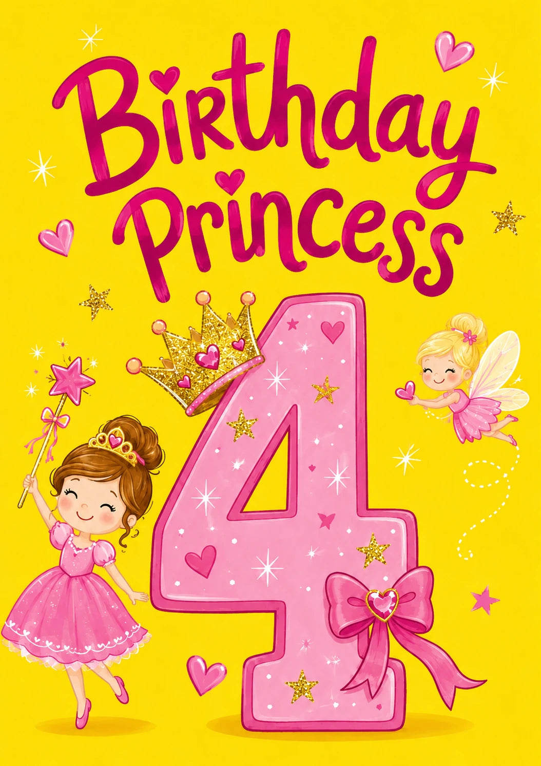 Pink Princess Crown Fairy 4th Birthday Card for Her