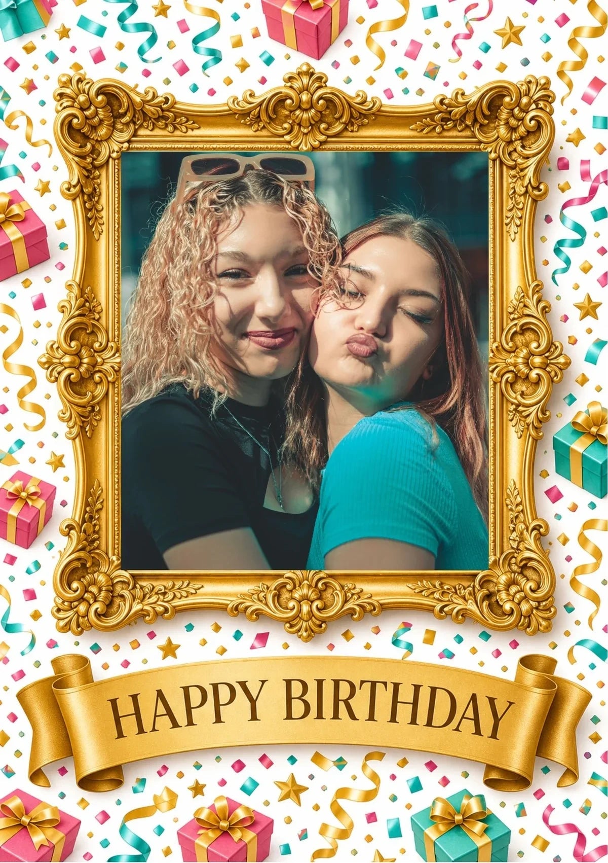 Gold Ornate Frame Photo Upload Birthday Card for Her