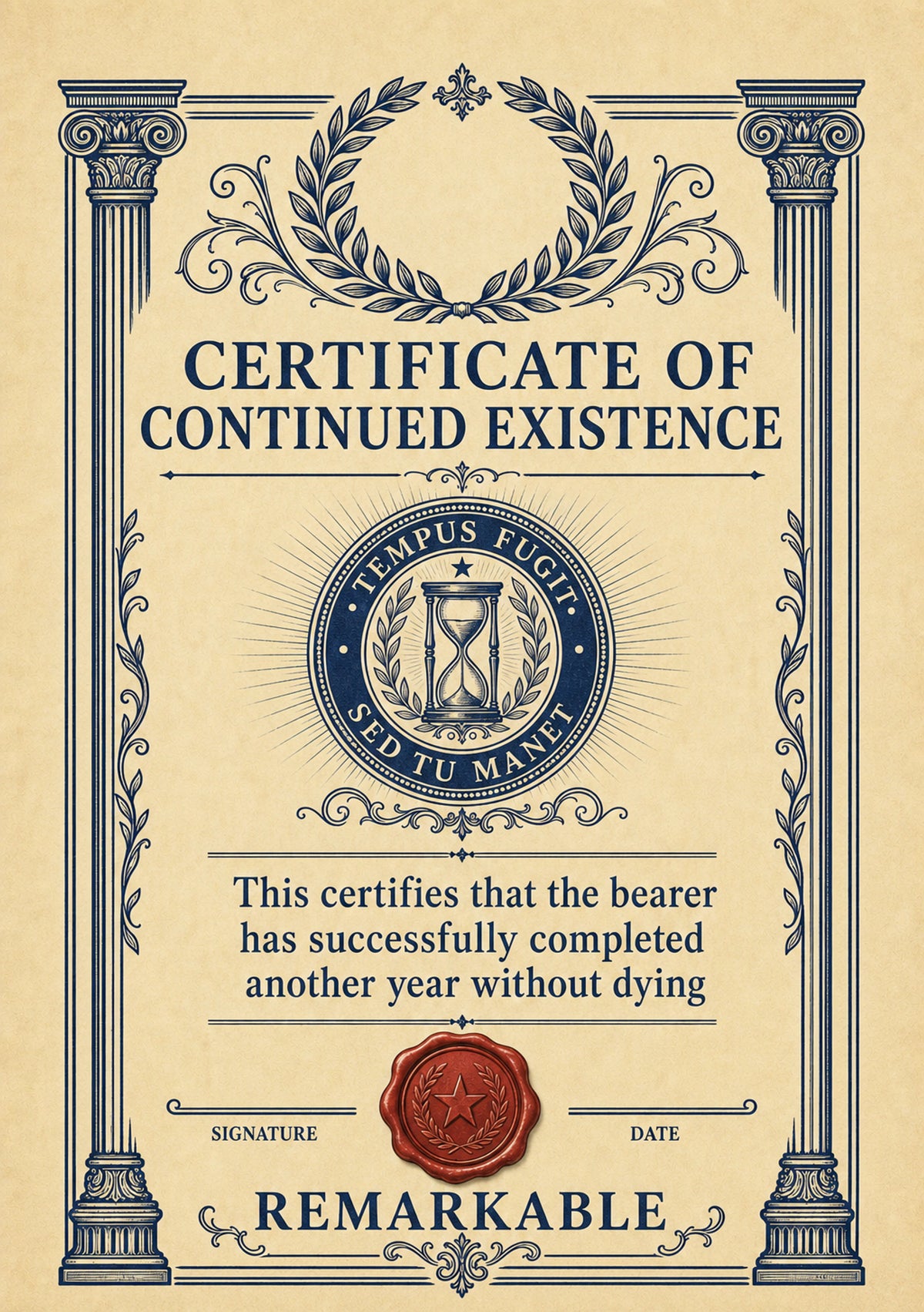 Funny Certificate Continued Existence Birthday Card