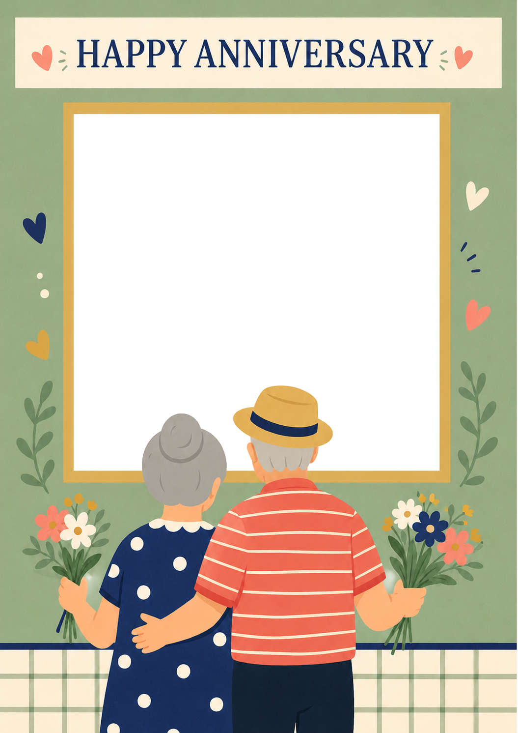 Cute Illustrated Elderly Couple Photo Upload Anniversary Card