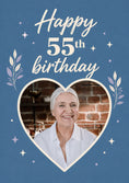 Load image into Gallery viewer, Blue Floral Heart 55th Photo Upload Birthday Card for Her
