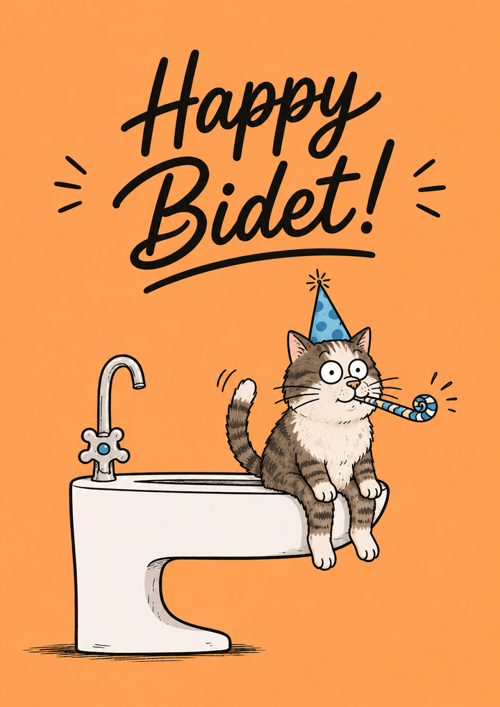 Funny Happy Bidet Cat on Bidet Birthday Card