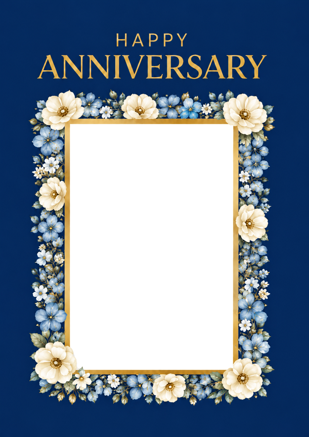 Blue Floral Border Happy Anniversary Photo Upload Birthday Card