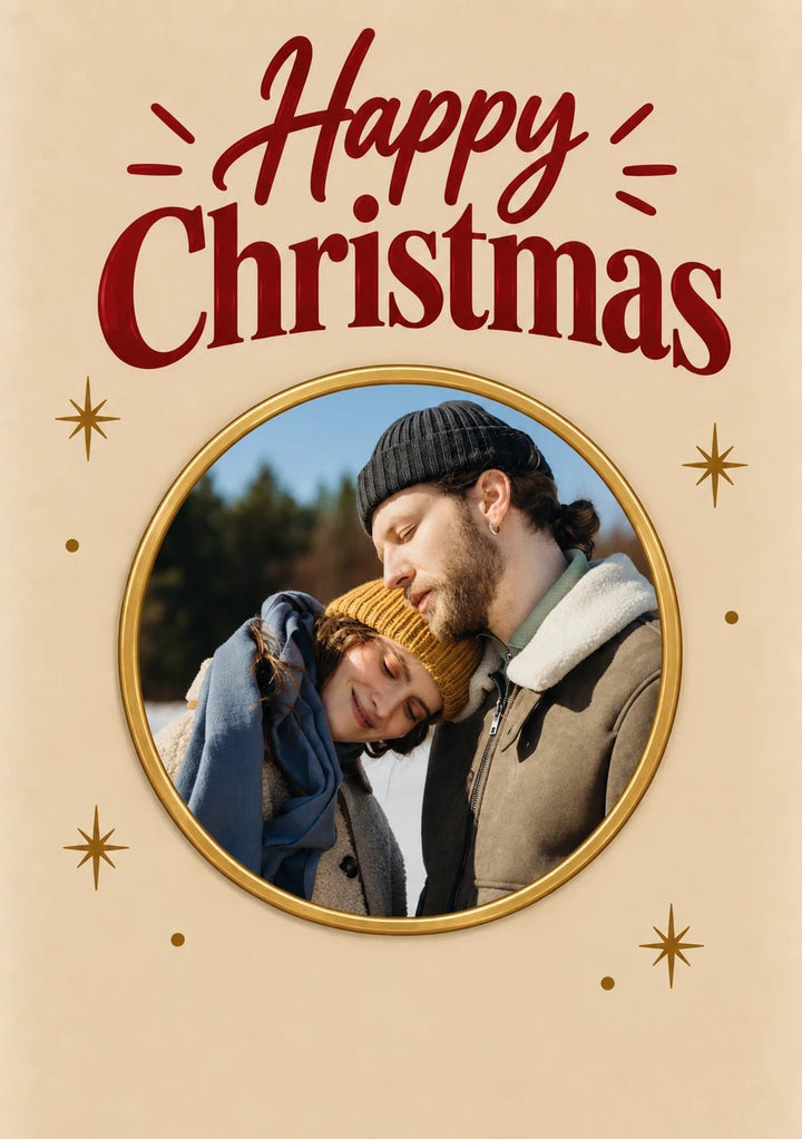 Happy Christmas Red Script Stars Photo Upload Christmas Card