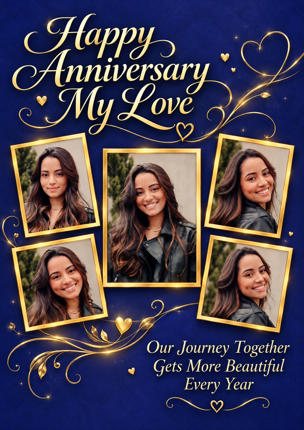 Gold Floral Multi Photo Upload Anniversary Card for Wife