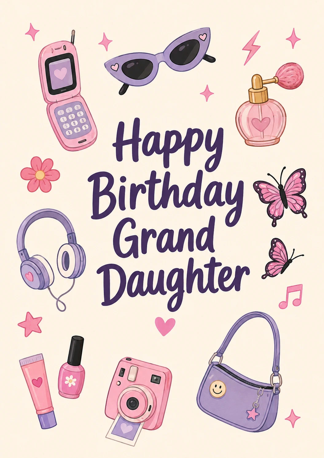 Pink and Purple Girly Icons Granddaughter Birthday Card for Her