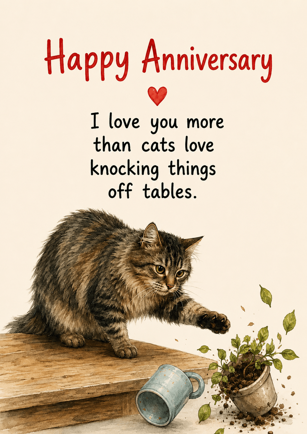 Funny Cat Knocking Things Off Tables Anniversary Card
