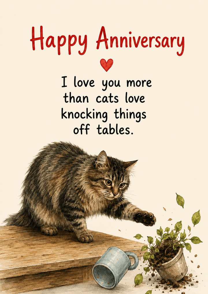 Funny Cat Knocking Things Off Tables Anniversary Card